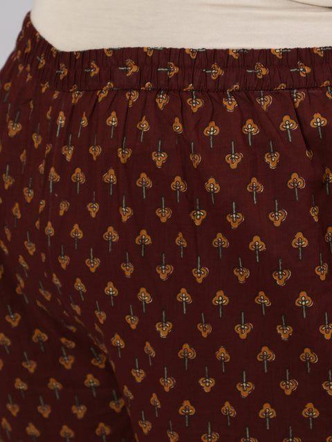 Plus Size Women Brown Printed Pure Cotton Kurta with Trousers & Dupatta