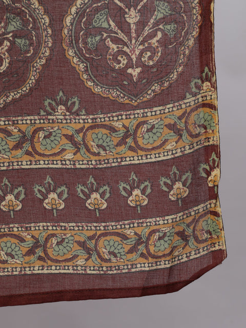 Plus Size Women Brown Printed Pure Cotton Kurta with Trousers & Dupatta