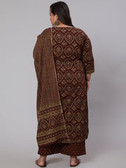 Plus Size Women Brown Printed Pure Cotton Kurta with Trousers & Dupatta