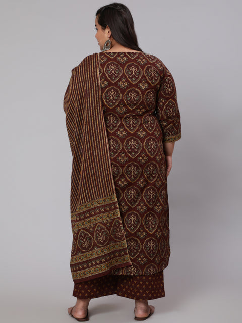 Plus Size Women Brown Printed Pure Cotton Kurta with Trousers & Dupatta
