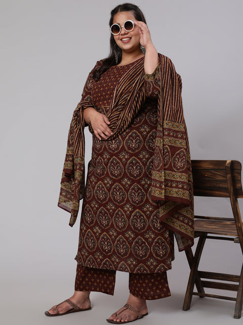 Plus Size Women Brown Printed Pure Cotton Kurta with Trousers & Dupatta