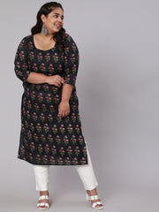 Women Plus Size Black Ethnic Printed straight Kurta