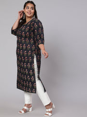 Women Plus Size Black Ethnic Printed straight Kurta