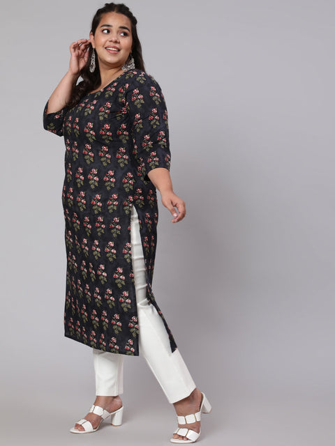 Women Plus Size Black Ethnic Printed straight Kurta