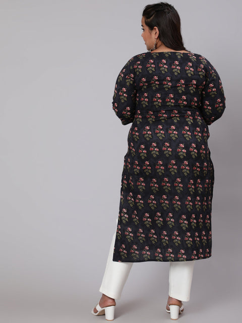 Women Plus Size Black Ethnic Printed straight Kurta