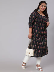 Women Plus Size Black Ethnic Printed straight Kurta