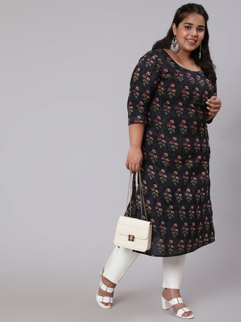 Women Plus Size Black Ethnic Printed straight Kurta