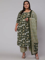 WomenPlus Size Green Floral Printed Kurta And Palazzo With Dupatta