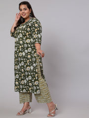 WomenPlus Size Green Floral Printed Kurta And Palazzo With Dupatta