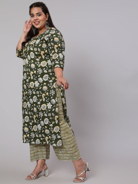 WomenPlus Size Green Floral Printed Kurta And Palazzo With Dupatta