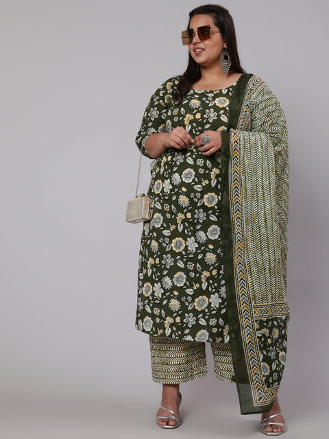WomenPlus Size Green Floral Printed Kurta And Palazzo With Dupatta