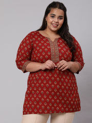 Women Plus Size Maroon Ethnic Tunic With Three Quarter Sleeves