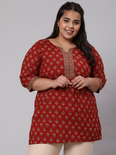 Women Plus Size Maroon Ethnic Tunic With Three Quarter Sleeves