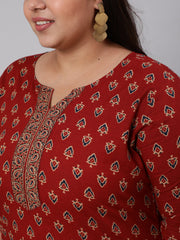 Women Plus Size Maroon Ethnic Tunic With Three Quarter Sleeves