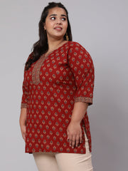 Women Plus Size Maroon Ethnic Tunic With Three Quarter Sleeves