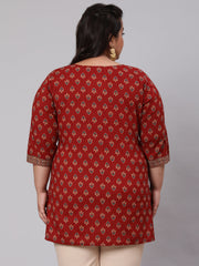 Women Plus Size Maroon Ethnic Tunic With Three Quarter Sleeves