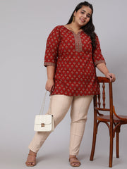 Women Plus Size Maroon Ethnic Tunic With Three Quarter Sleeves