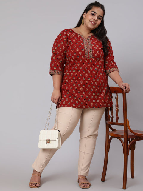 Women Plus Size Maroon Ethnic Tunic With Three Quarter Sleeves