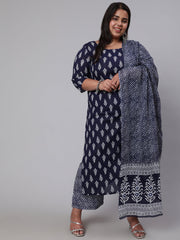 Women Plus Size Navy Blue floral Printed Kurta And Palazzo With Dupatta
