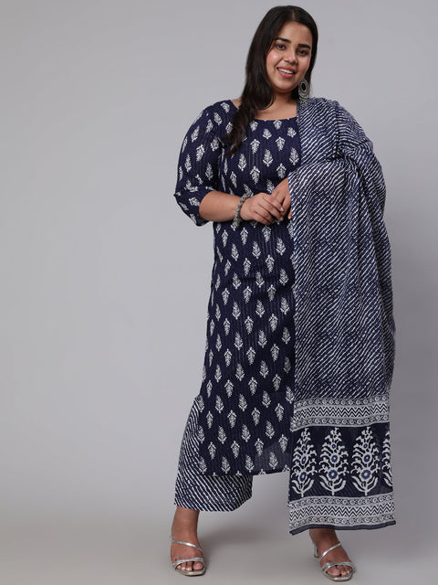 Women Plus Size Navy Blue floral Printed Kurta And Palazzo With Dupatta