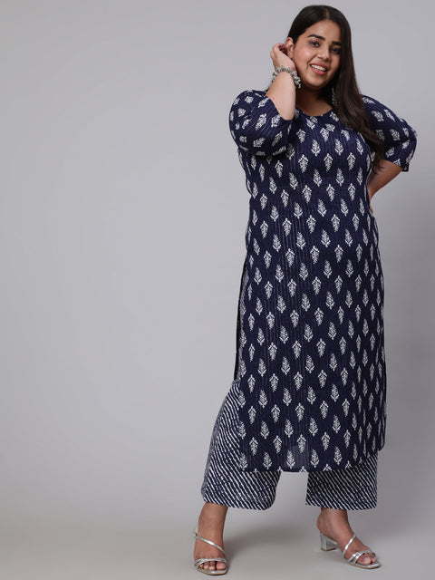 Women Plus Size Navy Blue floral Printed Kurta And Palazzo With Dupatta