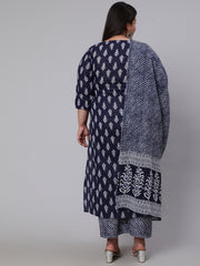 Women Plus Size Navy Blue floral Printed Kurta And Palazzo With Dupatta