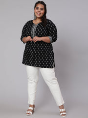 Women Plus Size Black Printed Tunic WIth Three Quarter Sleeves