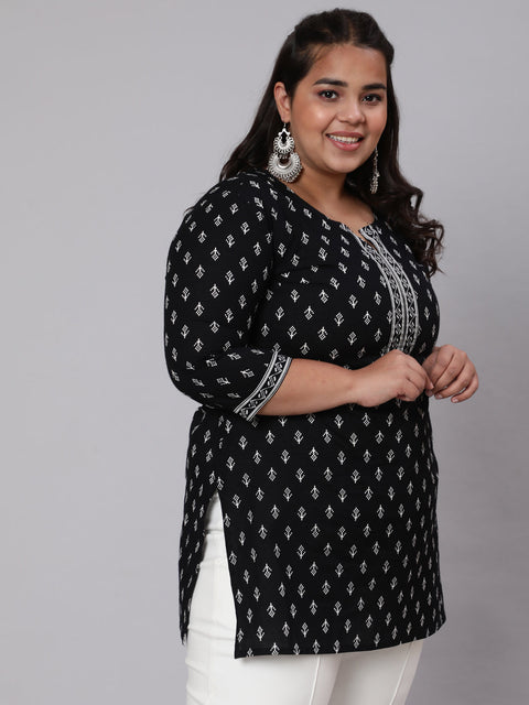 Women Plus Size Black Printed Tunic WIth Three Quarter Sleeves