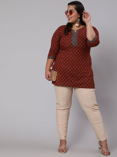 Women Plus Size Maroon Ethnic Tunic With Three Quarter Sleeves