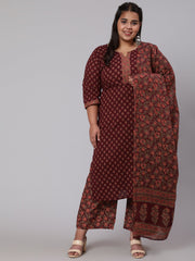 Women Plus Size Burgundy Printed Straight Kurta With Plazo & Dupatta