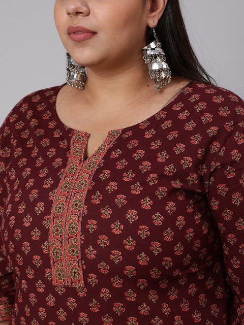 Women Plus Size Burgundy Printed Straight Kurta With Plazo & Dupatta