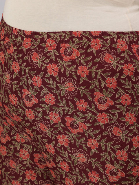 Women Plus Size Burgundy Printed Straight Kurta With Plazo & Dupatta