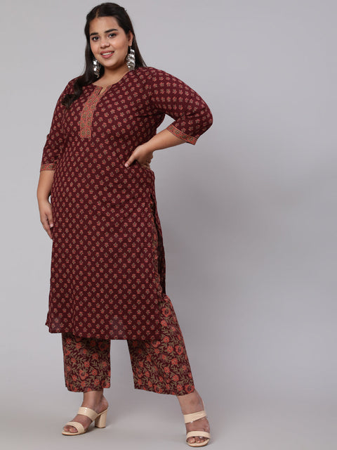 Women Plus Size Burgundy Printed Straight Kurta With Plazo & Dupatta