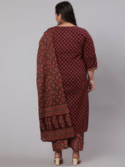 Women Plus Size Burgundy Printed Straight Kurta With Plazo & Dupatta