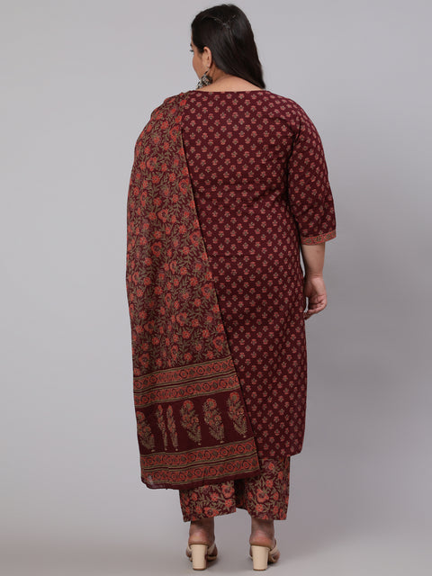 Women Plus Size Burgundy Printed Straight Kurta With Plazo & Dupatta