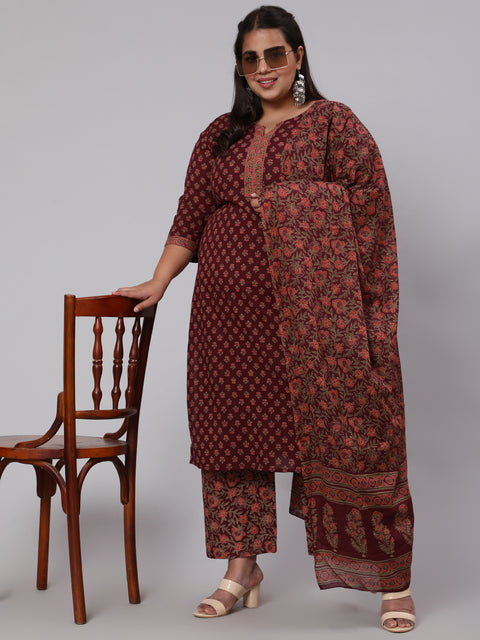 Women Plus Size Burgundy Printed Straight Kurta With Plazo & Dupatta