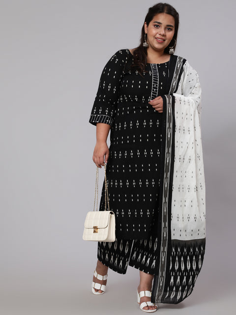 Women Plus Size Black Printed Straight Kurta With Plazo & Dupatta