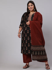 Women Plus Size Black Printed Straight Kurta With Plazo & Dupatta