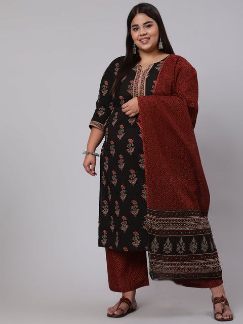 Women Plus Size Black Printed Straight Kurta With Plazo & Dupatta