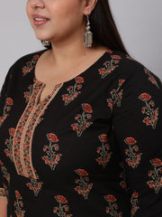 Women Plus Size Black Printed Straight Kurta With Plazo & Dupatta