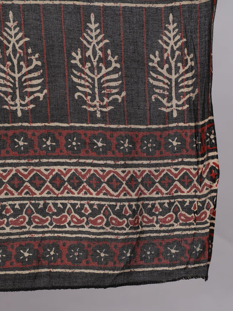 Women Plus Size Black Printed Straight Kurta With Plazo & Dupatta