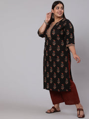 Women Plus Size Black Printed Straight Kurta With Plazo & Dupatta