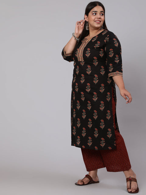 Women Plus Size Black Printed Straight Kurta With Plazo & Dupatta