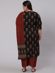 Women Plus Size Black Printed Straight Kurta With Plazo & Dupatta