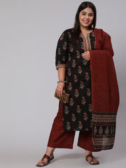 Women Plus Size Black Printed Straight Kurta With Plazo & Dupatta