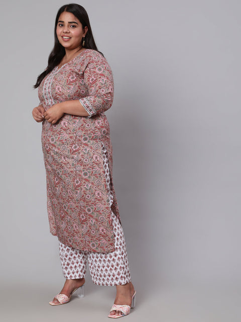 Women Plus Size Brown Printed Kurta And Palazzo With Dupatta
