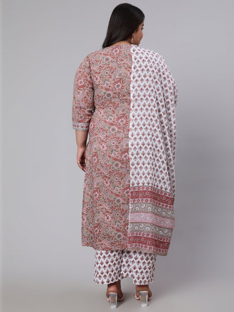 Women Plus Size Brown Printed Kurta And Palazzo With Dupatta