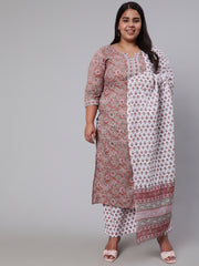 Women Plus Size Brown Printed Kurta And Palazzo With Dupatta
