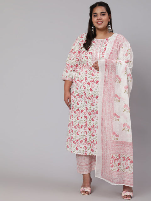 Women Plus Size Pink Printed Kurta And Palazzo With Dupatta