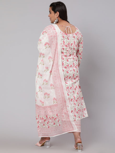 Women Plus Size Pink Printed Kurta And Palazzo With Dupatta